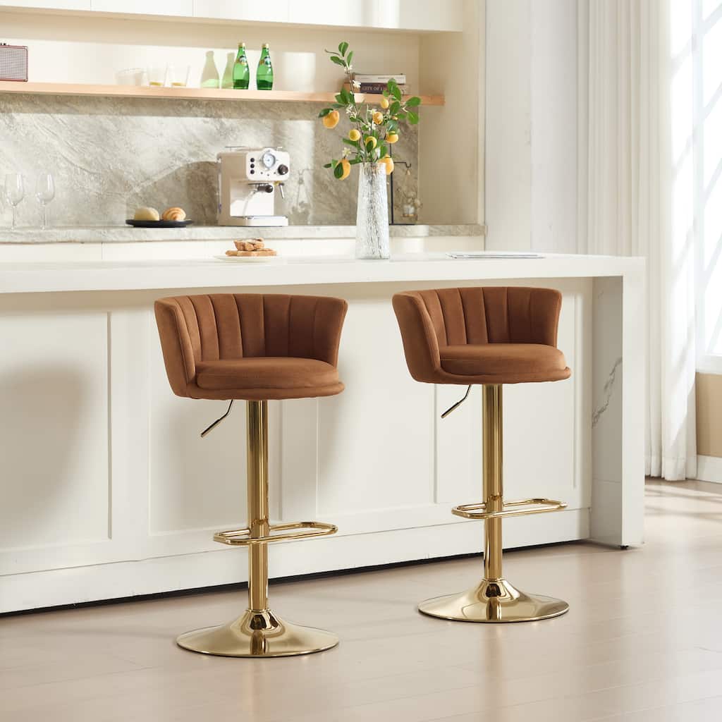 Set of 2 Bar Stools,with Chrome Footrest and Base, Swivel Height Adjustable Mechanical Lifting Velvet Bar Stools