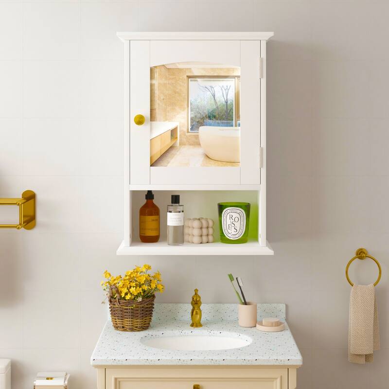 VECELO Modern White Wall Mounted Medicine Cabinet with Mirror & Gold Handle 3-Tier Bathroom Storage Cabinet for Bathroom
