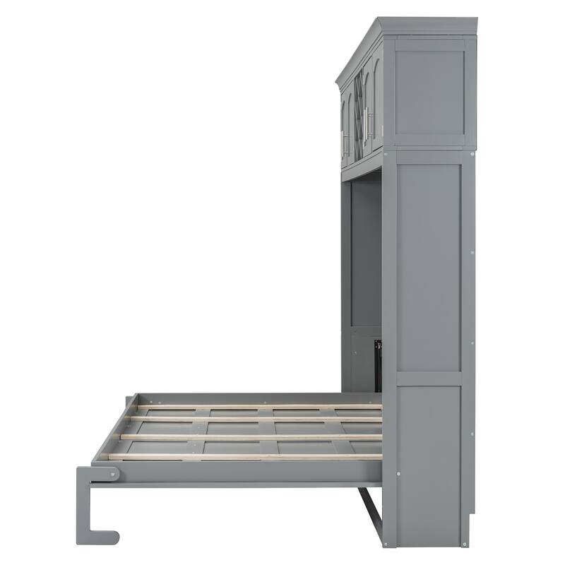 Queen Size Wall Murphy Bed with Storage, Wood Foldable Platform Bed Frame with Top Cabinets and Wine Rack