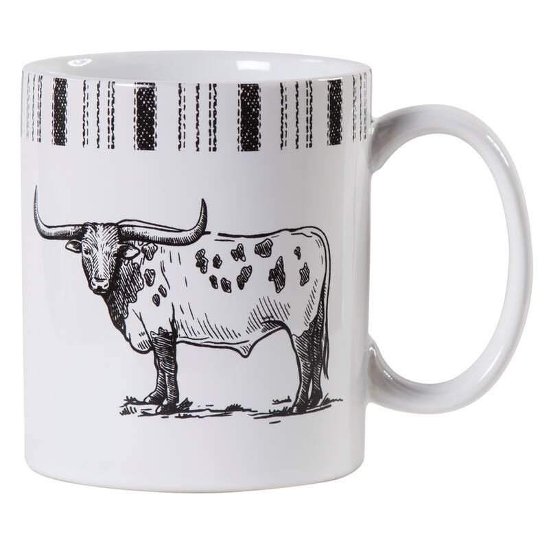 Paseo Road Ranch Life Black and White Western Rustic 4 Piece Ceramic Mug Set - Longhorn