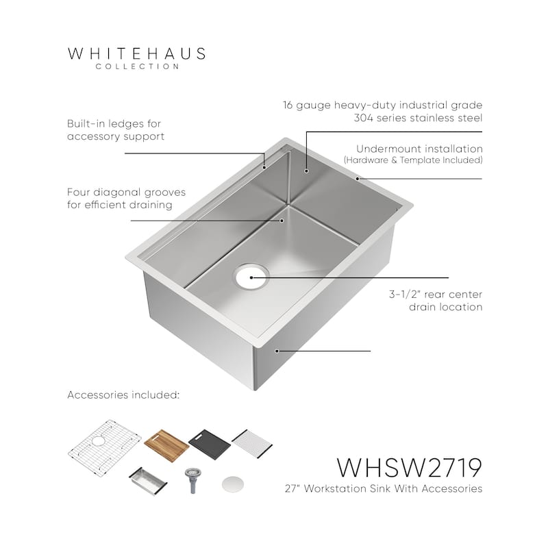 Whitehaus Undermount Single Bowl 16 Gauge Brushed Stainless Steel Workstation Sink With Accessories