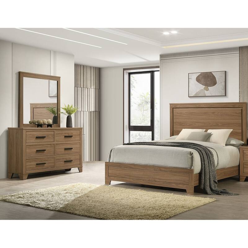Modern Walnut Finish 3pc Bedroom Furniture Set Bed Dresser Mirror