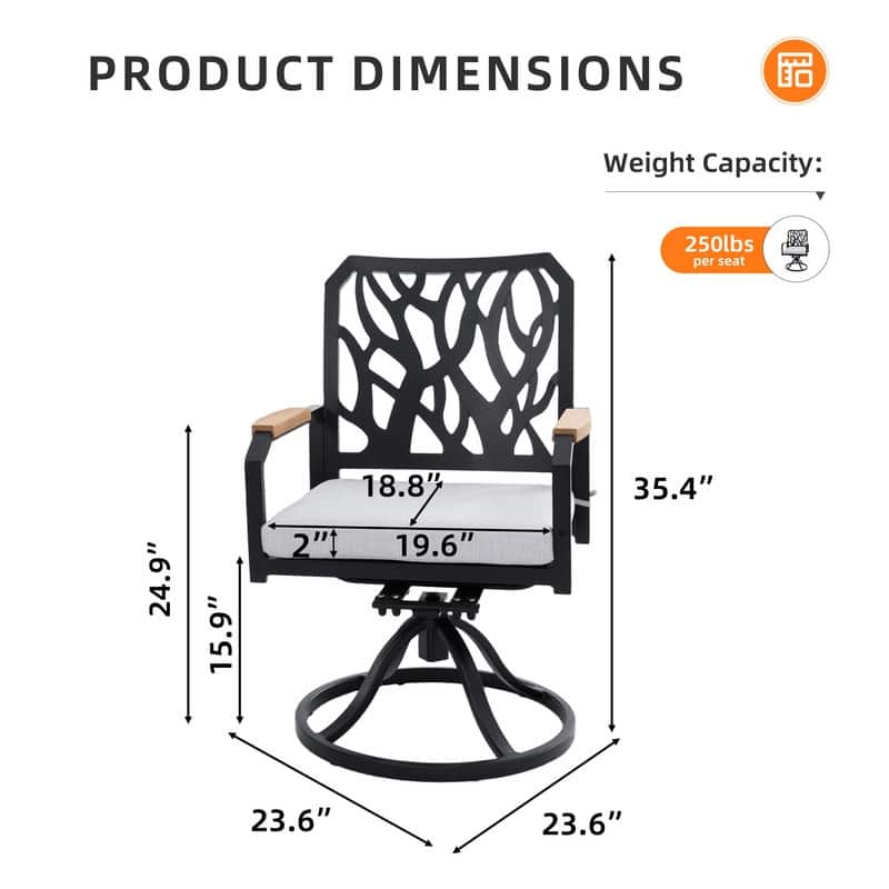 2 Outdoor Patio Aluminum Swivel Rockers: Sunbrella Cushions, Branch-Like Backrests, FSC-Certified Wood Armrests, Bourbon Brown.