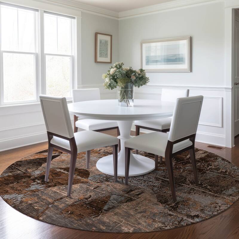Machine Washable Indoor/ Outdoor Abstract Leaves Chantille Rug - Terracotta - 8' x 8'