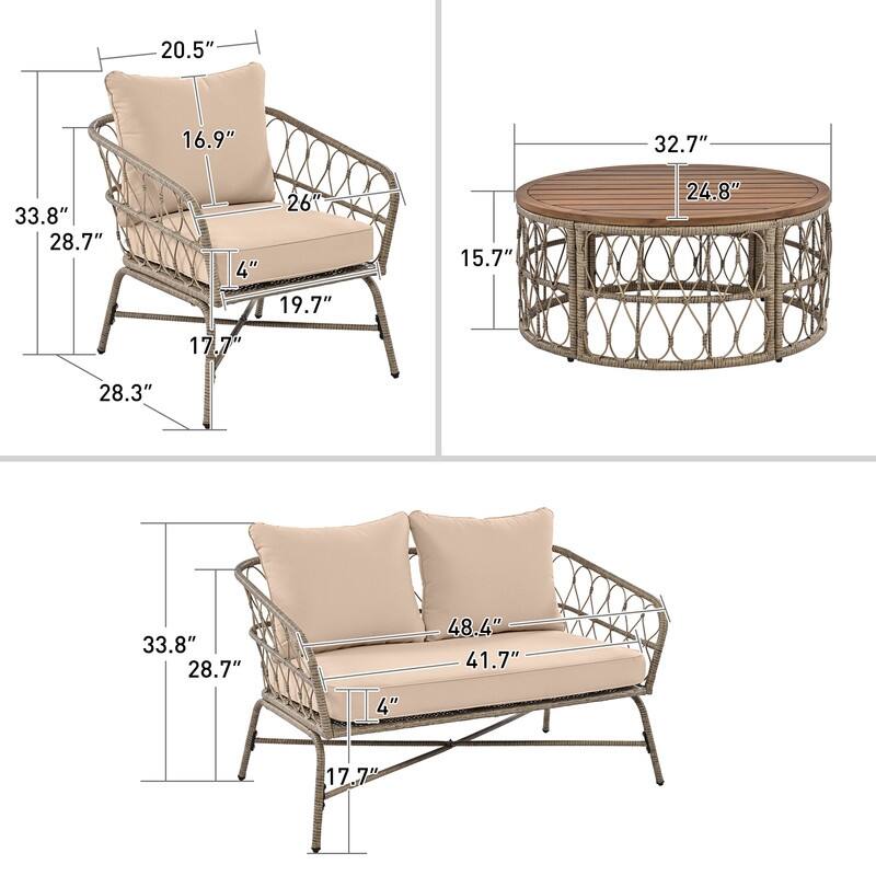 4 Pieces Outdoor Patio Conversation Set W/Removable Cushions,Wood Tabletop