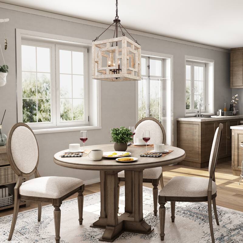 Modern Farmhouse 4-Light Pendant Wood Rustic Square Island Lights - W 13.5" x D 13.5" x H 26"