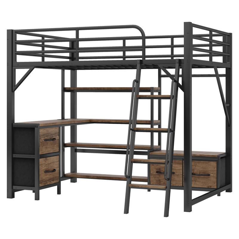 Full Size Metal Loft Bed with Desk, LED Lights, USB Charging & Storage Shelves for Kids & Teens