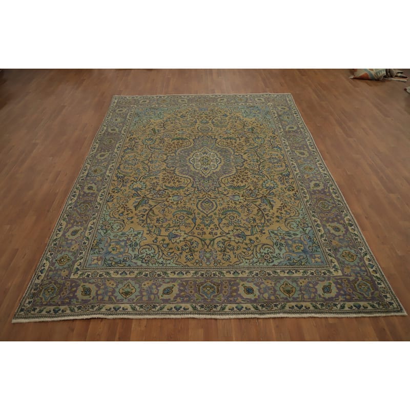 Hand Knotted Oriental 100% Wool Carpet Traditional Floral Brown Tabriz Area Rug - 11' 1'' X 7' 10''