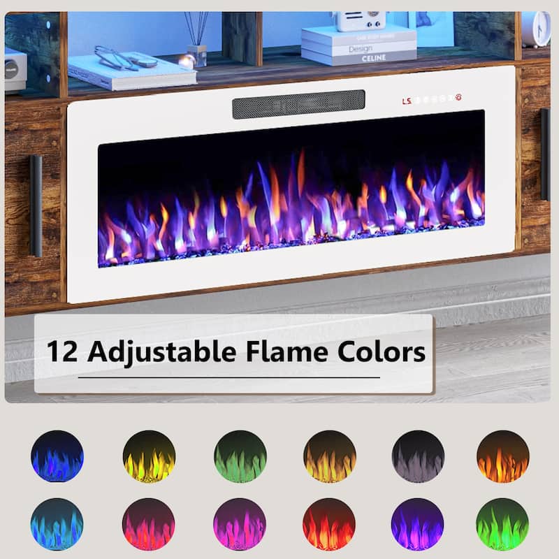 BOSSIN 80" Floating TV Stand with 36" Electric Fireplace, High Gloss Finish Wall Mounted Fireplace TV Stand with Storage