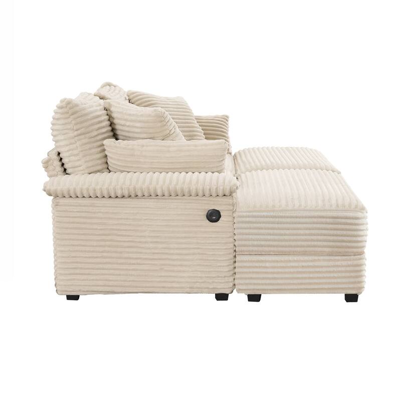 Double Chaise Lounge Set with Reversible Ottoman - Soft Corduroy Fabric, Storage Ottomans,USB Port, Multi-Functional Seat/Table