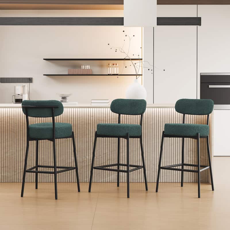 XINMICS 27 Inches Boucle Counter Height Bar Stools with Back - Set of 3 - Green