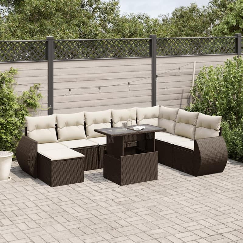vidaXL Patio Sofa Set with Cushions Outdoor Furniture 9 Piece Poly Rattan - Brown and Cream-without storage - 21.7 x 39.4 x 28.7