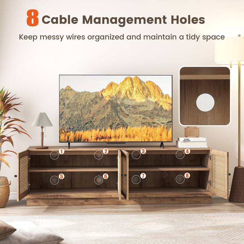 Gymax 4-Door PE Rattan Media Console Table Farmhouse TV Stand for TVs