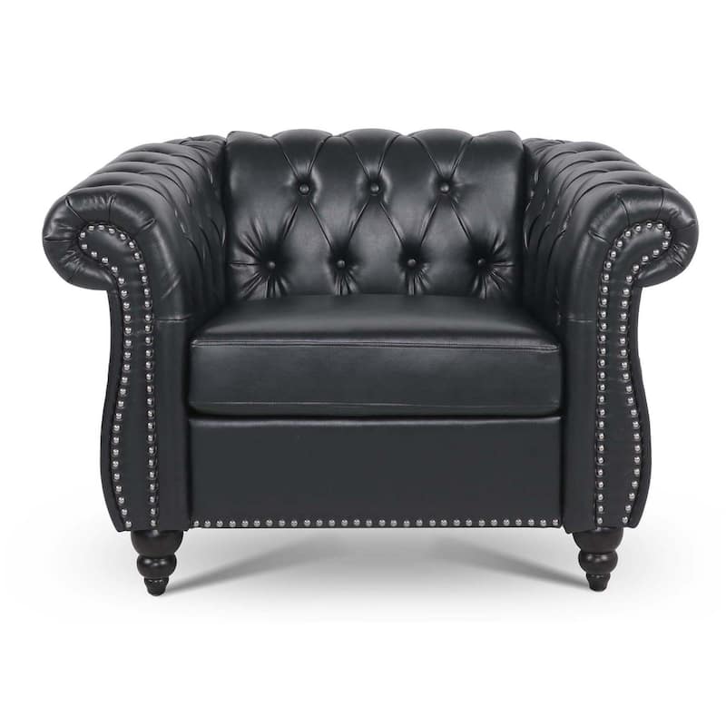 Black PU 38.98" Buttons Tufted Accent Chair with Birch Legs