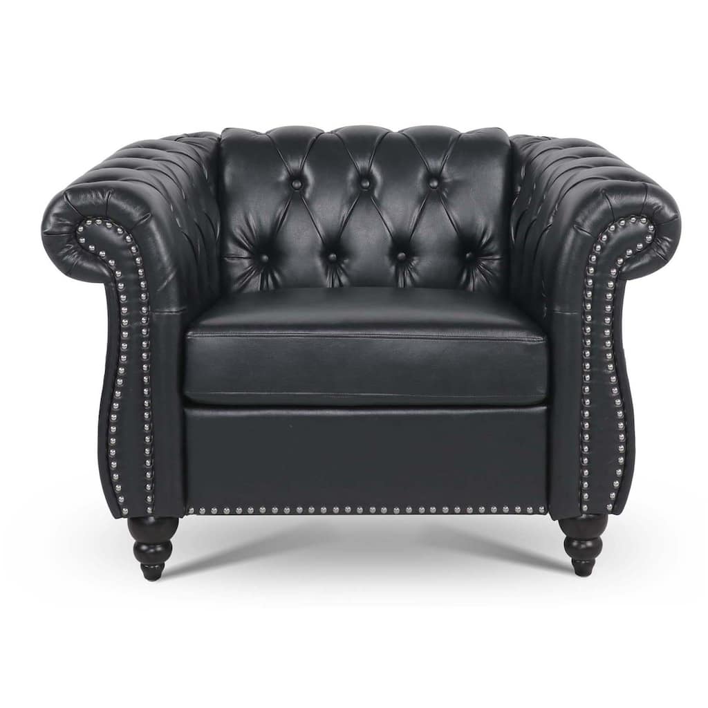 Leather Single Sofa Chair Barrel Chair with Nailhead Trim, Black Stylish Corner Chair Side Chair with Rolled Armrests