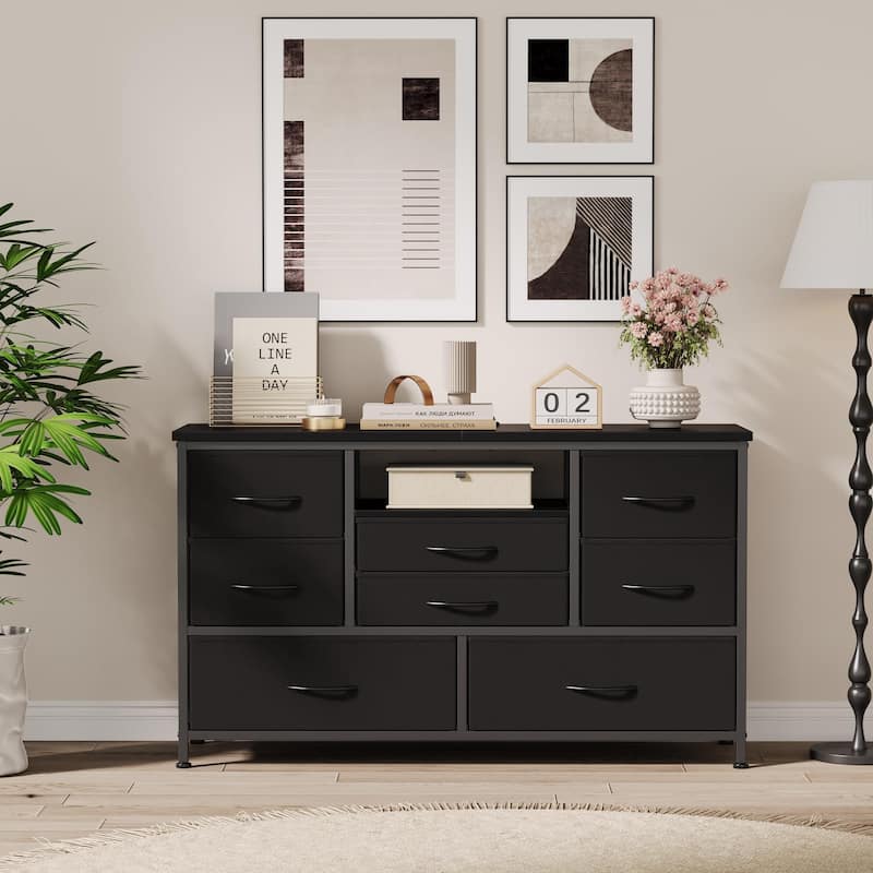 8-Drawer Fabric TV Stand with LED Lights & Built-in Power Outlets