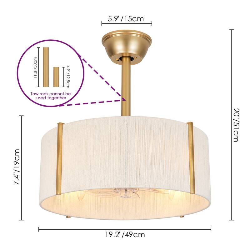 4-Light Modern Farmhouse Drum Ceiling Fan Lighting with 7 Clear ABS Blades and Remote Control - 19.29 in. W × 7.48 in. H