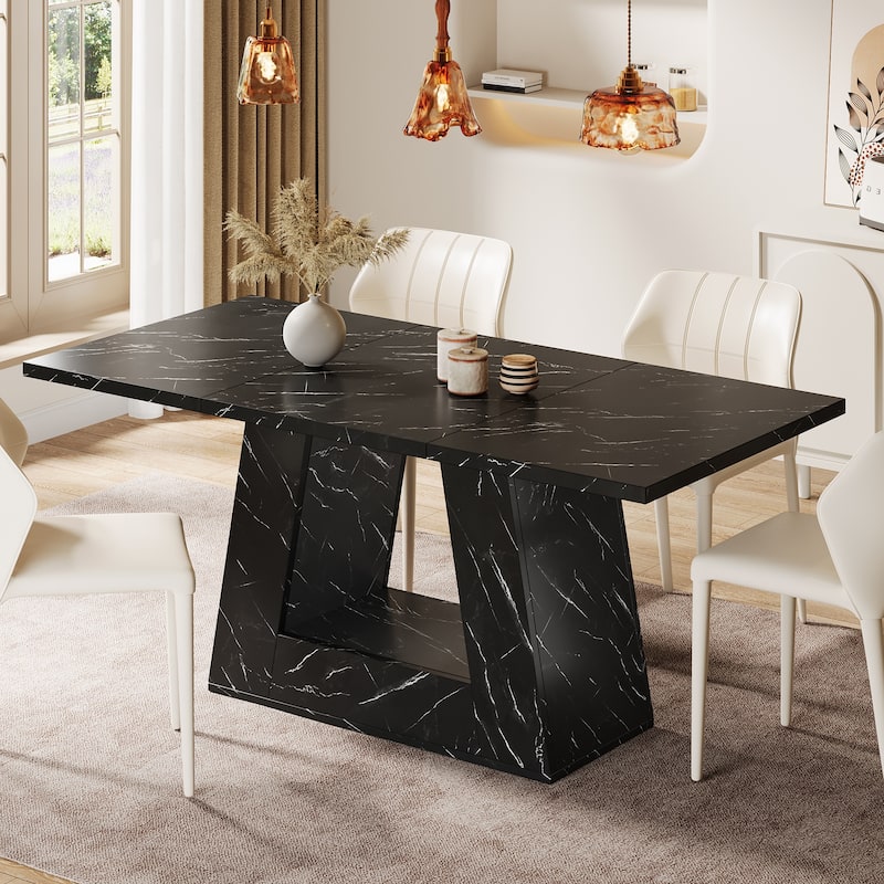 Farmhouse Modern Wooden Faux Marble Dinner Table with Sturdy Base