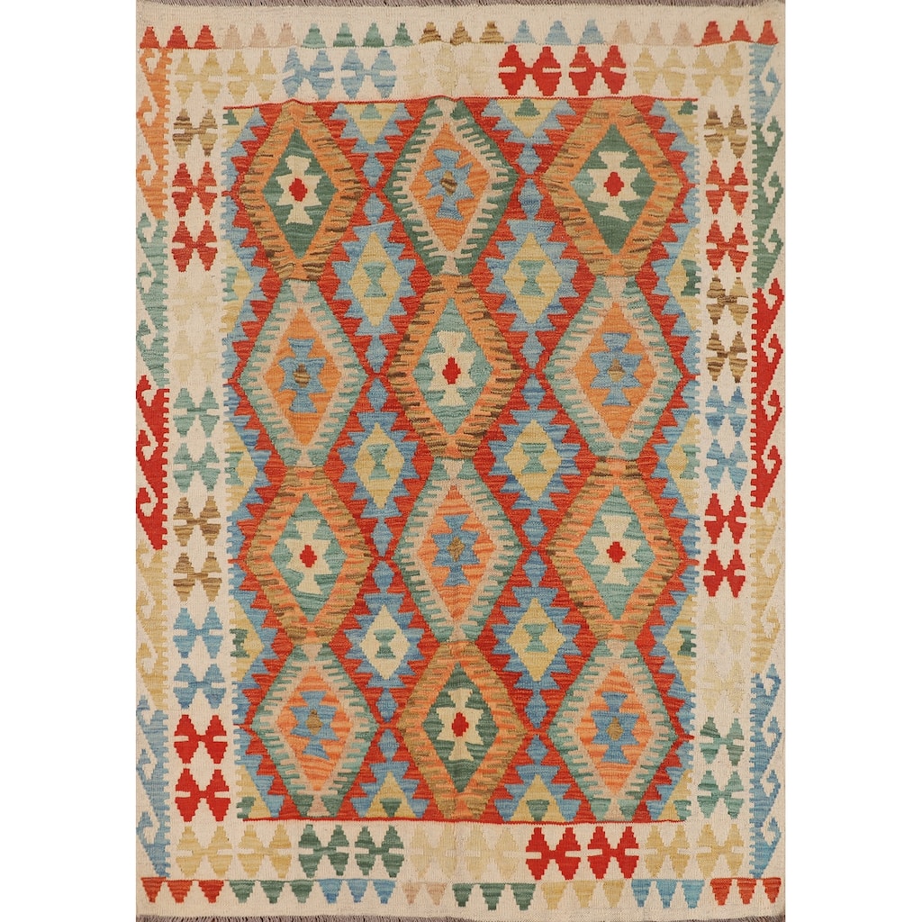 Geometric Multi-Color Kilim Oriental Rug Flatweave Wool Carpet - 5'0"x 6'6"