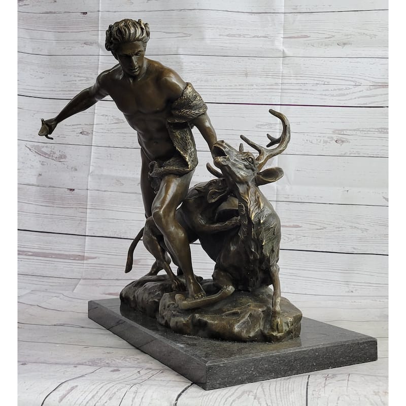 Herecles Hercules Ceryneian Hind Deer Greek Mythology Bronze Statue Sculpture 18 Inches X 17 Inches