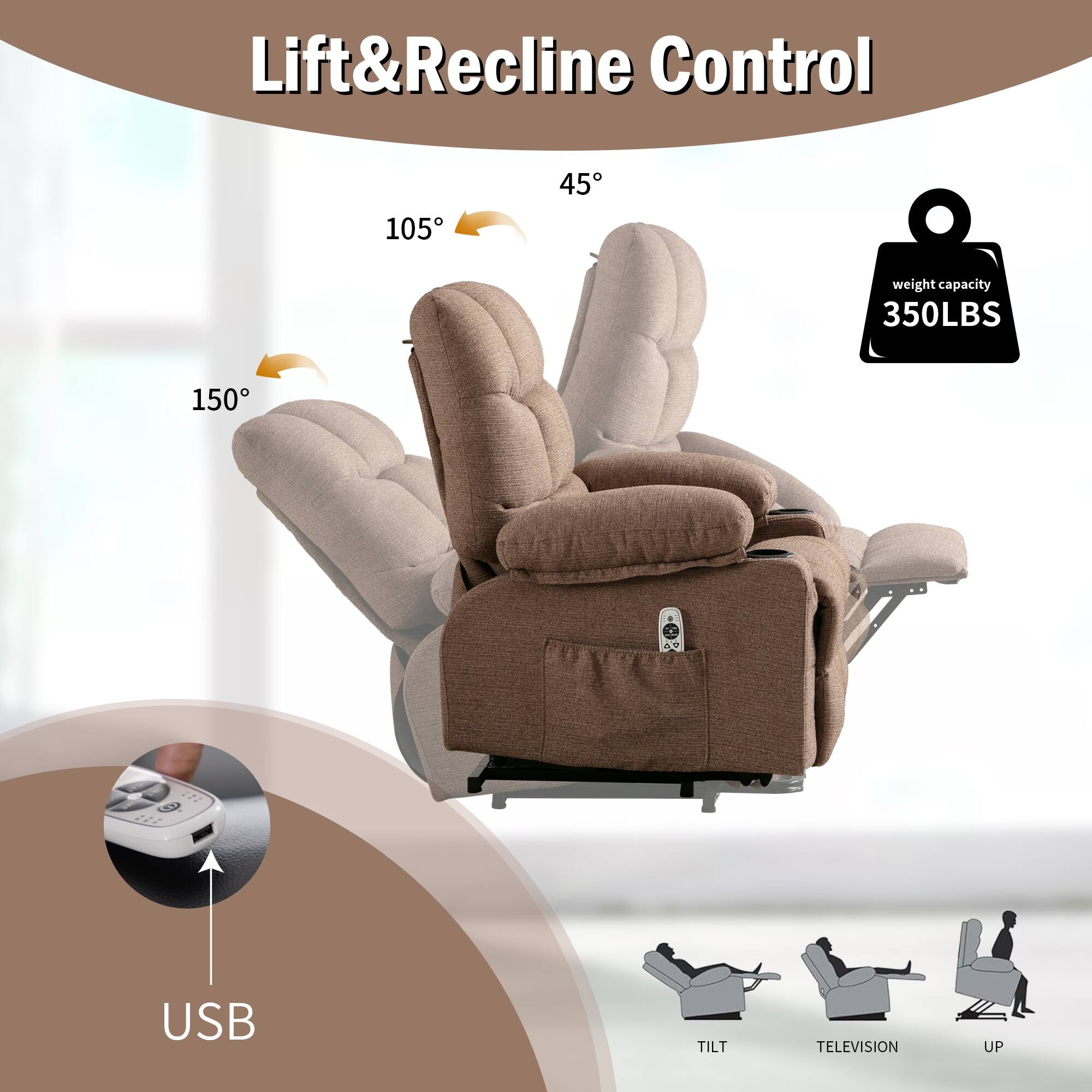 Brown Power Lift Massage Recliner Chair with 8Point Massage, Heat, USB