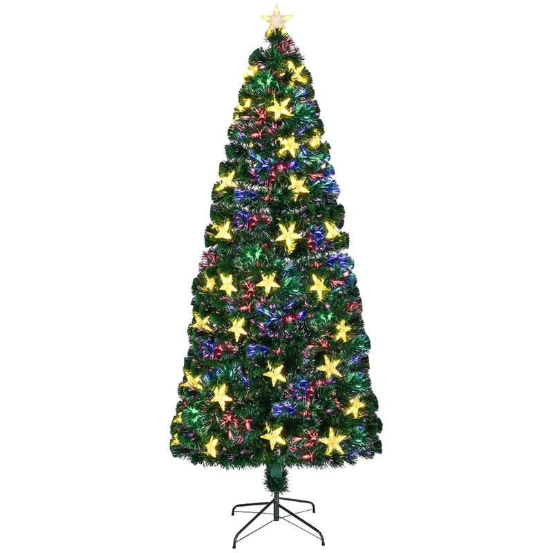 7FT Pre-lit Fiber Optic Christmas Tree with Large Stars, Artificial Xmas Tree Spruce Tree Green Tree with Metal Stand