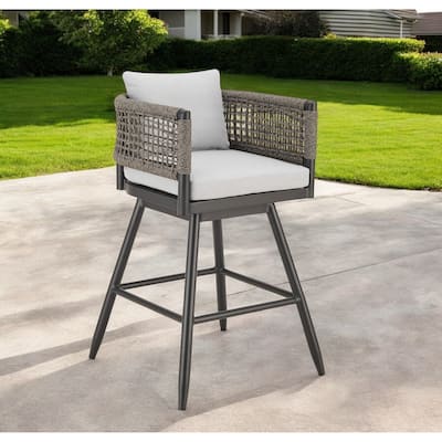 HomeRoots 30" Black and Light Gray Aluminum Swivel Rope Back Outdoor Bar Height Chair with Footrest