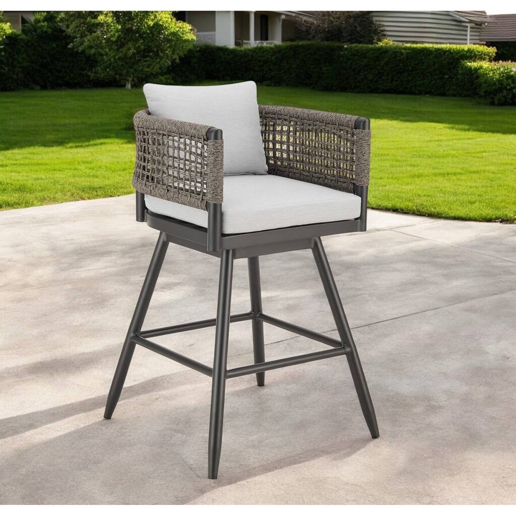 HomeRoots 30" Black and Light Gray Aluminum Swivel Rope Back Outdoor Bar Height Chair with Footrest