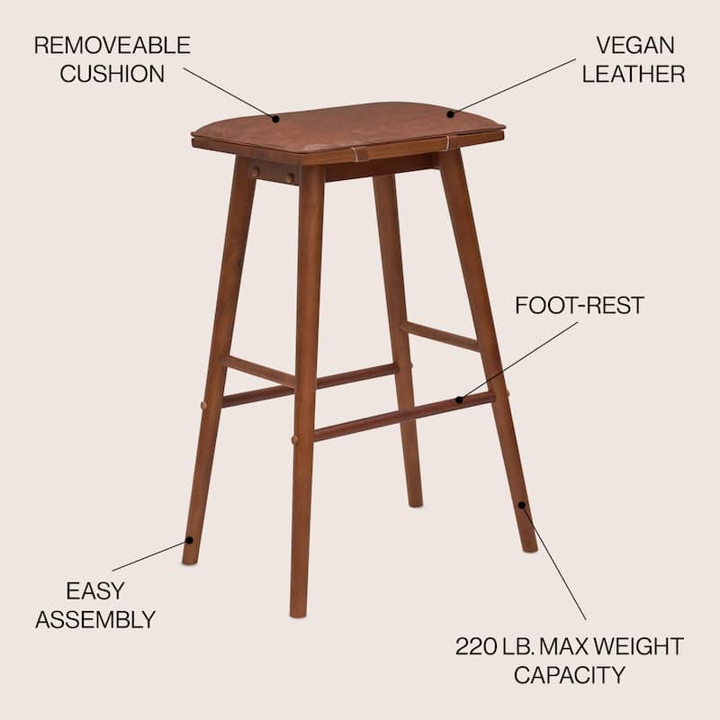 Saddle-Seat Solid Wood/Vegan Leather Backless Stool with Removeable Cushion, By JONATHAN Y