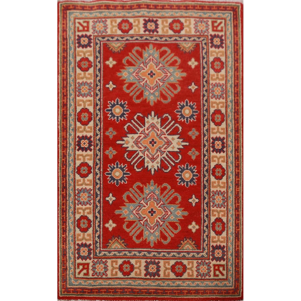 Geometric Kazak Foyer Rug Hand-Knotted Traditional Wool Carpet - 2'7"x 4'5"