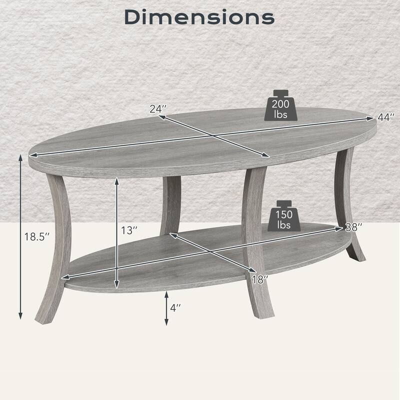 Gymax 2-Tier Oval Coffee Table w/ Storage Shelf Rubber Wood Accent Tea