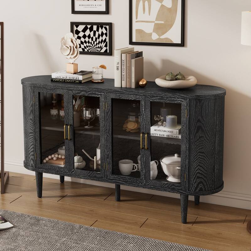 Wooden Farmhouse-Style Sideboard Buffet Cabinet with Glass Doors and Adjustable Shelves for Kitchen, Dining Room. - Black