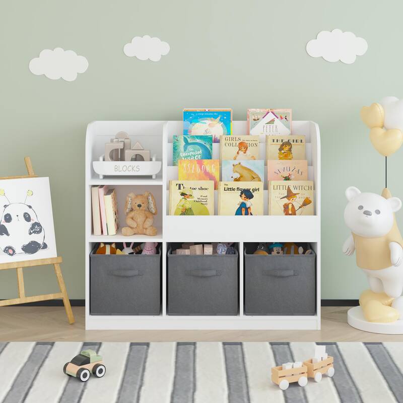 Anmytek Toddler Bookcase with 3 Collapsible Fabric Drawers Storage Organizer for Bedroom Playroom Hallway