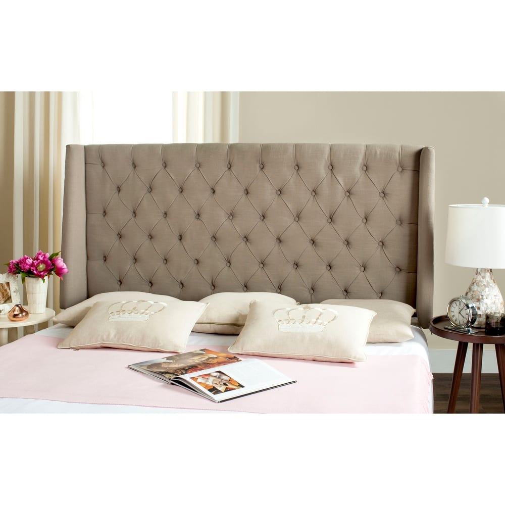 SAFAVIEH Shandra Taupe Linen Upholstered Tufted Wingback Headboard (Full)