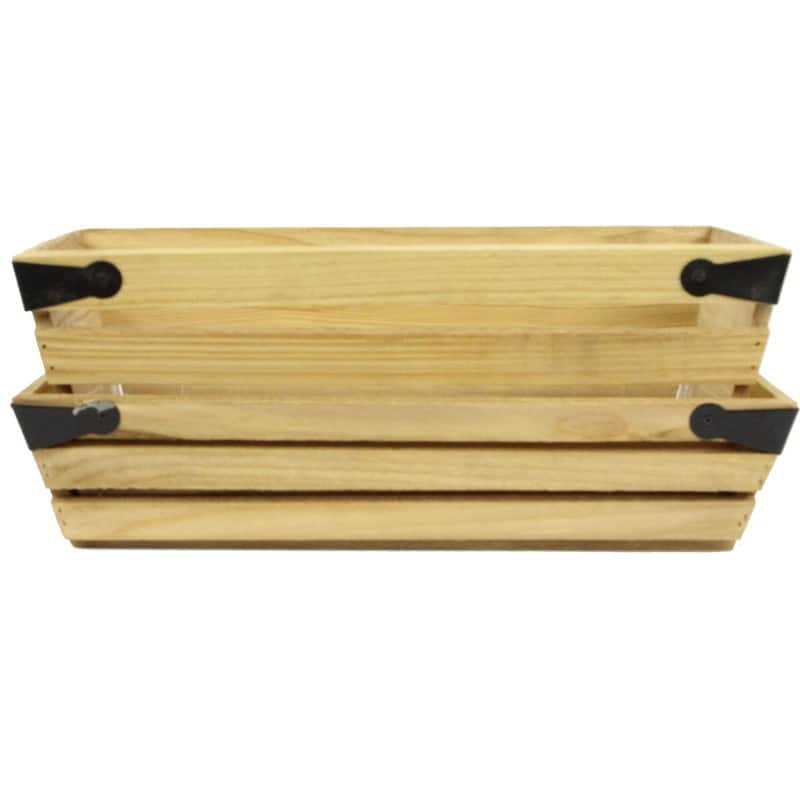 Set of 2 Natural Wood 5" & 3"H Rectangle Crate Planter w/ Metal Corner