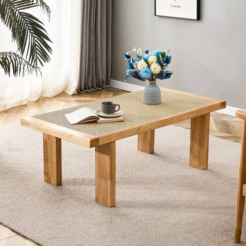 Rectangular Rattan tabletop Coffee Table with Rubber Wooden Legs - Bed ...