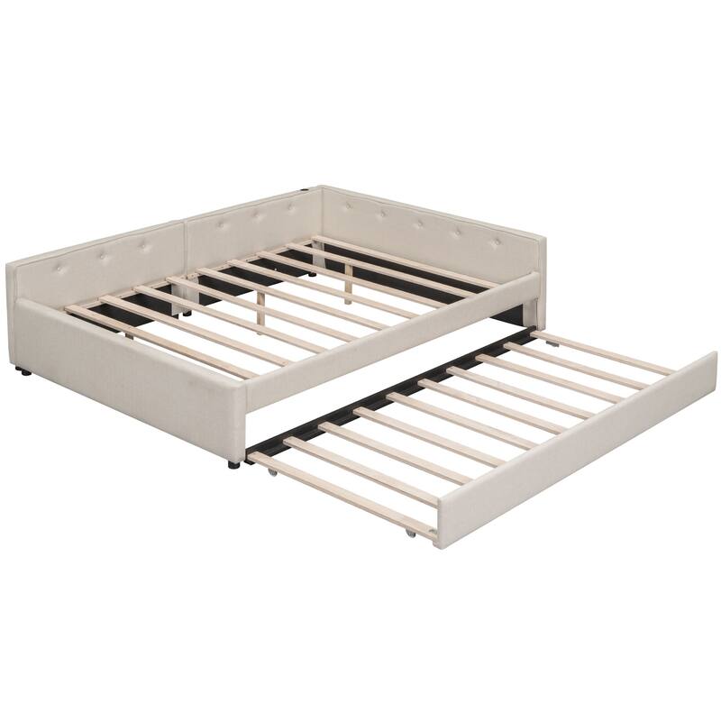 Queen Upholstered Platform Bed with Built-in USB Ports & Twin Trundle, Sturdy Linen Frame