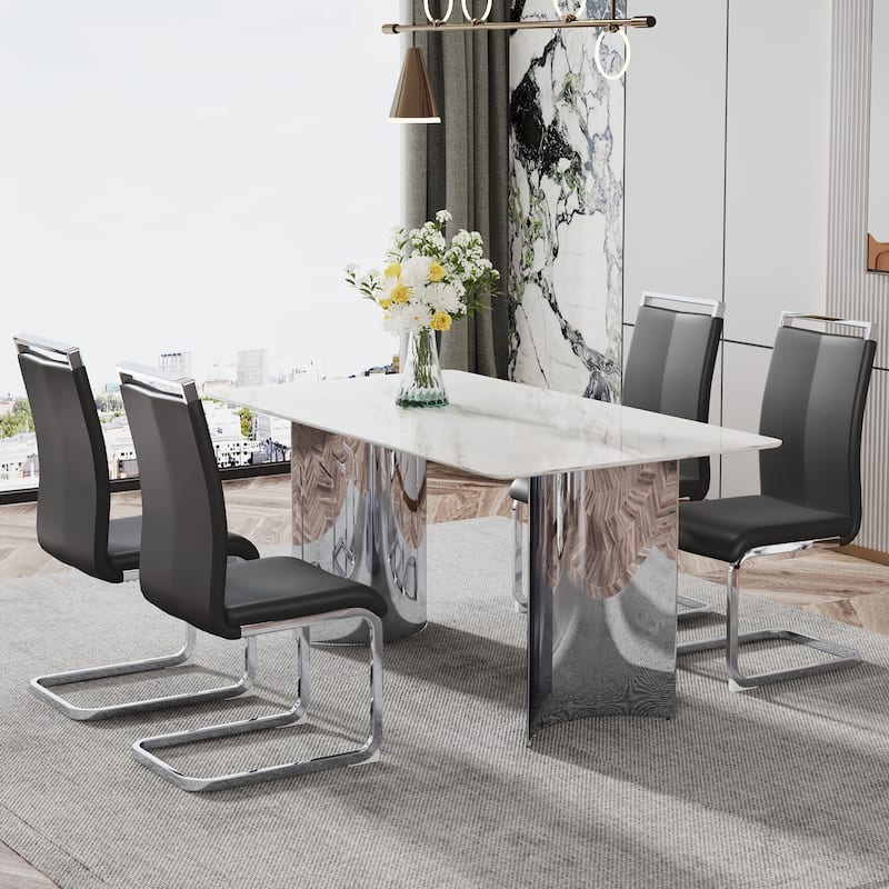 Modern Marble Glass Dining Set with Stainless Steel Legs & PU Chairs