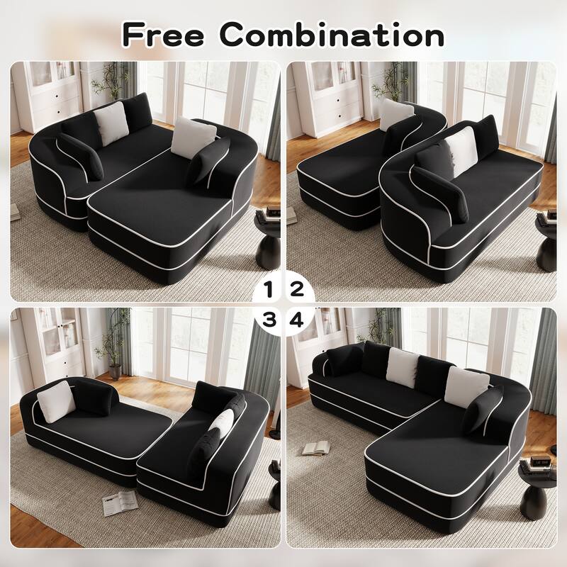 Roomfitters No Assembly Modular Sofa, 106 Inch Teddy Fabric Floor Couch with Chaise, Black