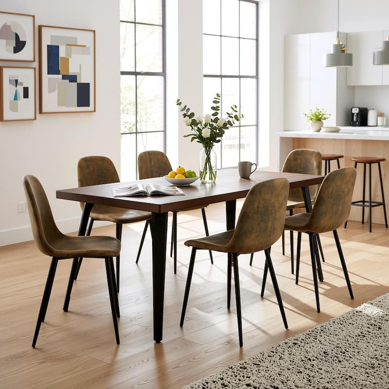 Homy Casa 7PCS Dining Set, Dark Brown Table and 6 Suede Upholstered Chairs