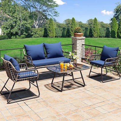 Moasis 4-Piece Blue All Weather Rattan Conversation Loveseat Bistro Set - 4 Pcs