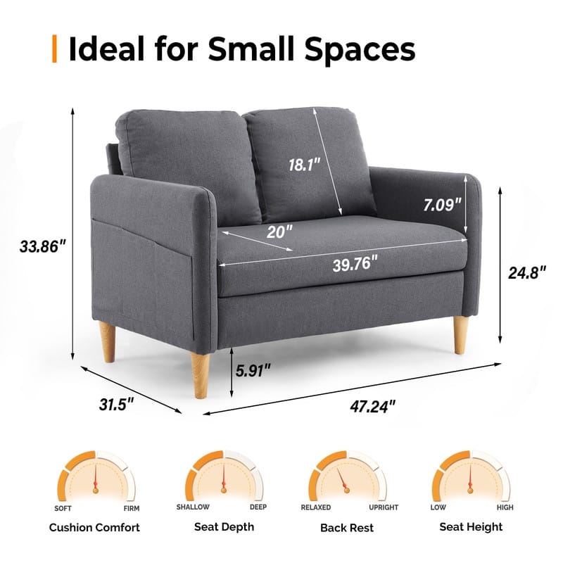 47 in. Modern Comfy Couch Loveseat with Side Storage For Living Room