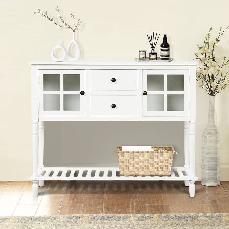 Vintage French Wooden Console Table with Two Glass Cabinet Doors - White