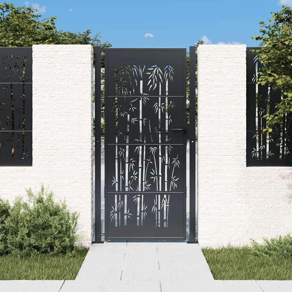 vidaXL Garden Gate Decorative Outdoor Fence Anthracite Steel Bamboo Design - 43.3 x 70.9"
