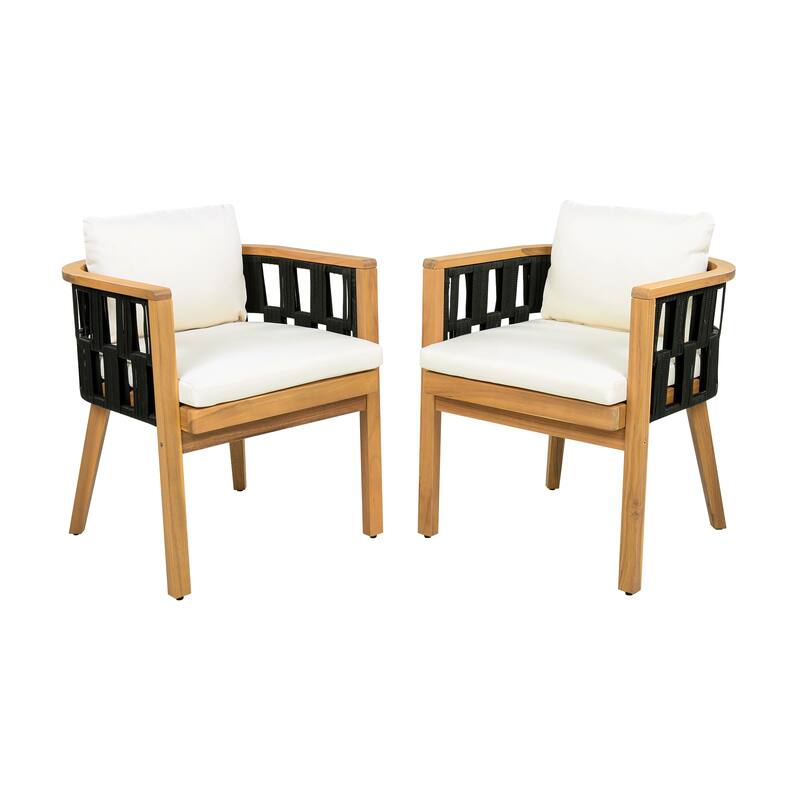 Christopher Knight Home Marrick Patio Acacia Wood Dining Chair with Cream Cushion and Black Flat Rope