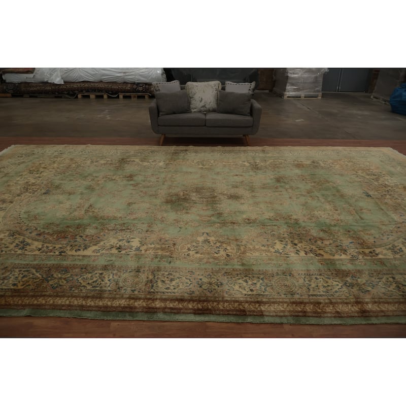 Hand Knotted Oriental 100% Wool Carpet Traditional Floral Green Kerman Area Rug - 19' 1'' X 11' 9''