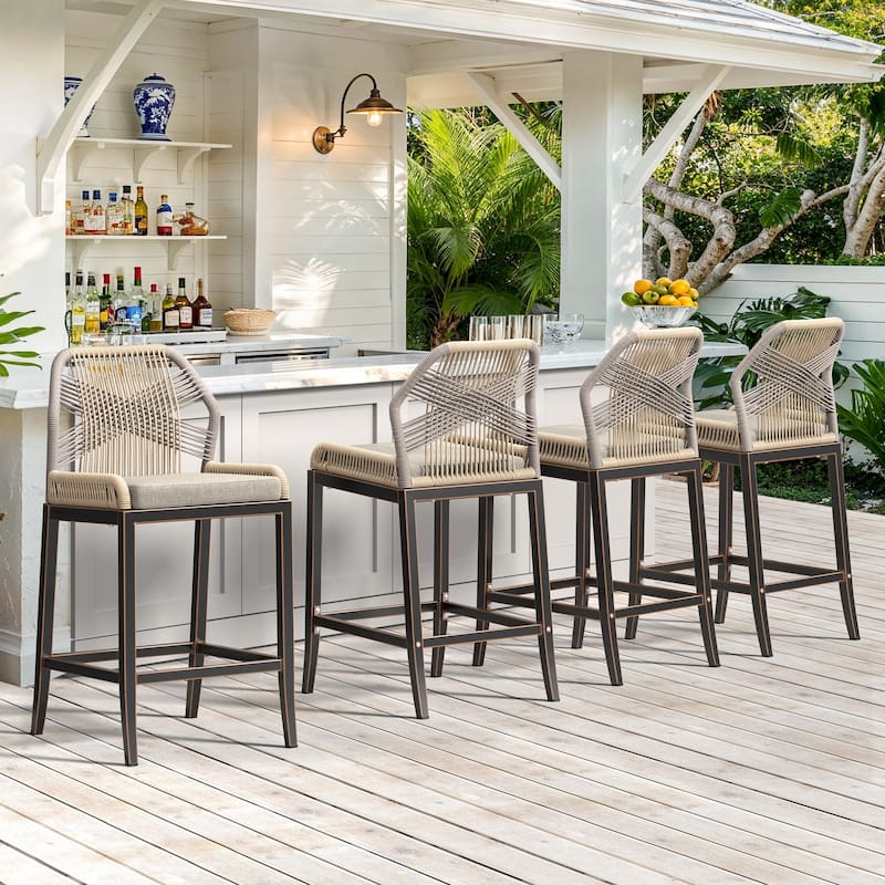 4 Set Modern Aluminum Twill Wicker Woven Outdoor Bar Stool Chair Set, Counter Height Stool with Back and Cushion - 40.6"H - Apricot-Black