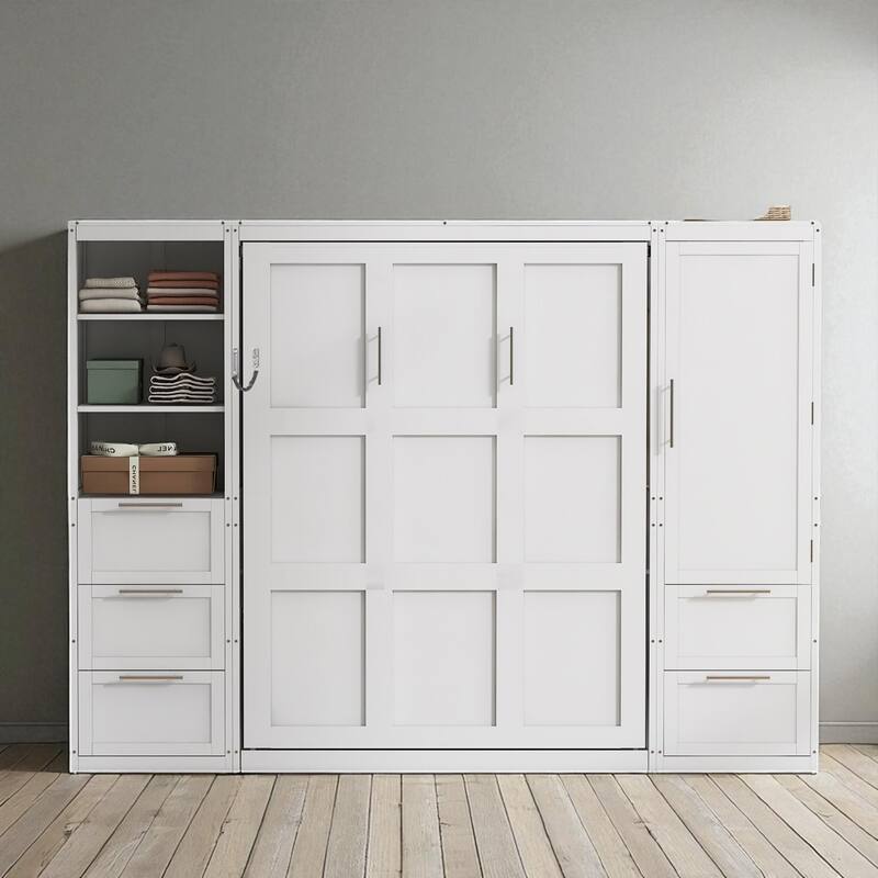 Queen Size Murphy Bed with Closet, Drawers and Shelves - Space Saving Wall Bed with Storage Cabinets - White - Queen