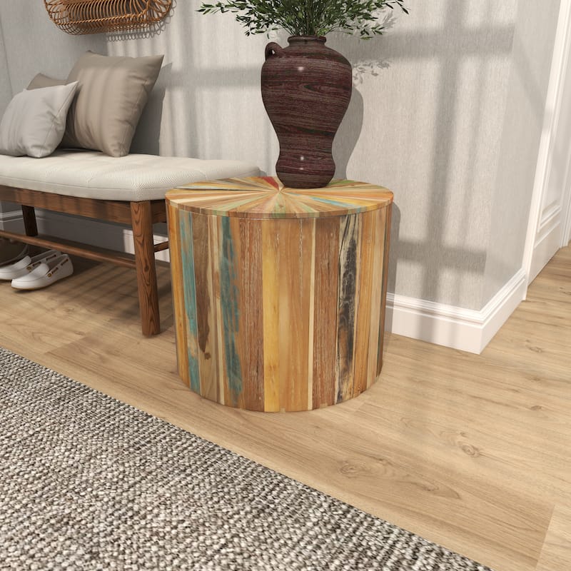 Brown Reclaimed Wood Handmade Pinwheel Drum Geometric Coffee Table with Colorful Painted Accents