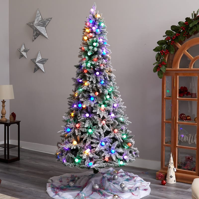 8.5ft. Flocked Fir Artificial Christmas Tree with 120 Multicolor Globe Bulbs & 1513 Branches - Festive Holiday X-Mas Glow